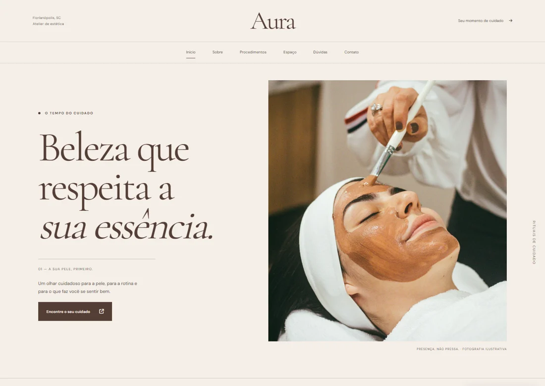 Prévia real da página inicial de Aura Atelier da Pele