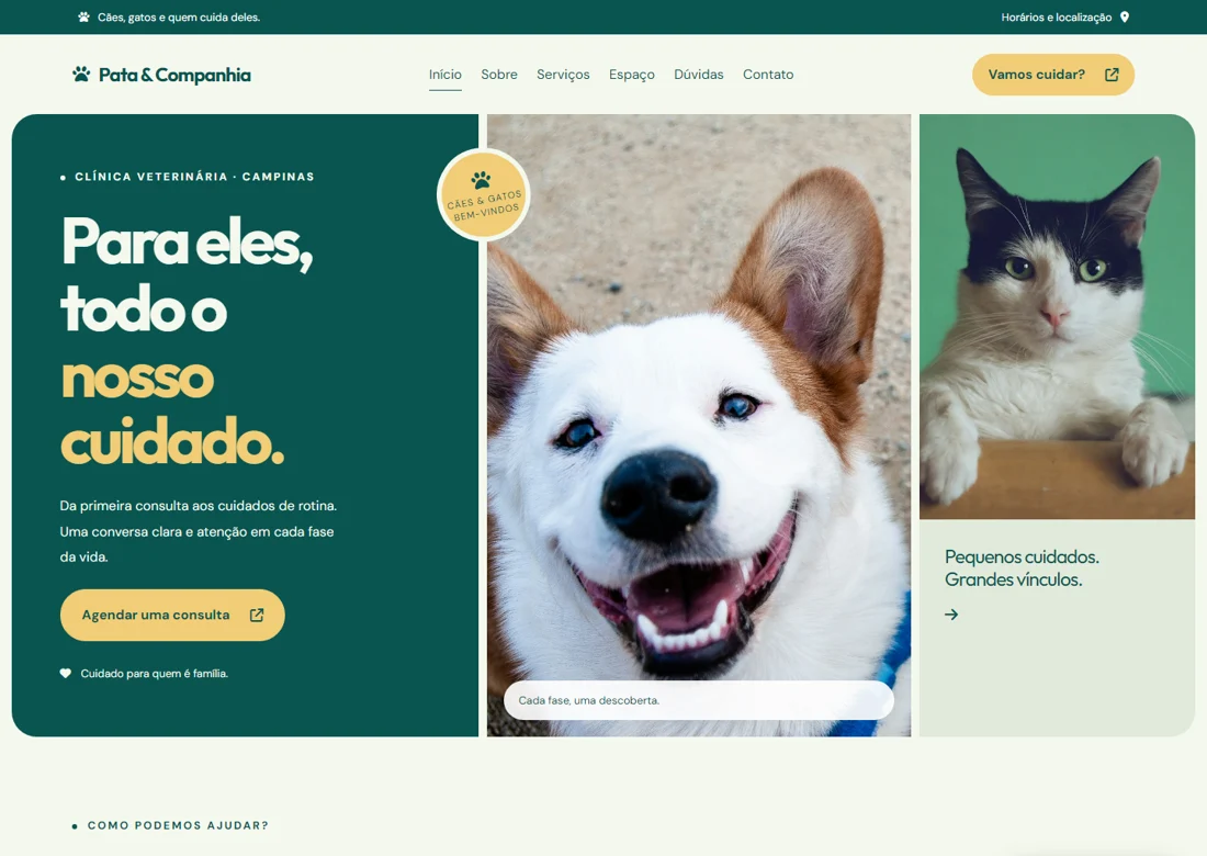 Prévia real da página inicial de Pata & Companhia