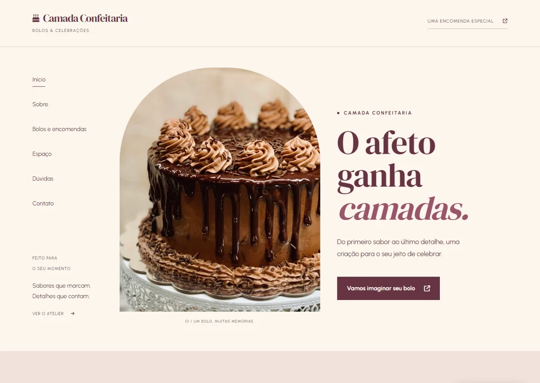 Prévia real da página inicial de Camada Confeitaria