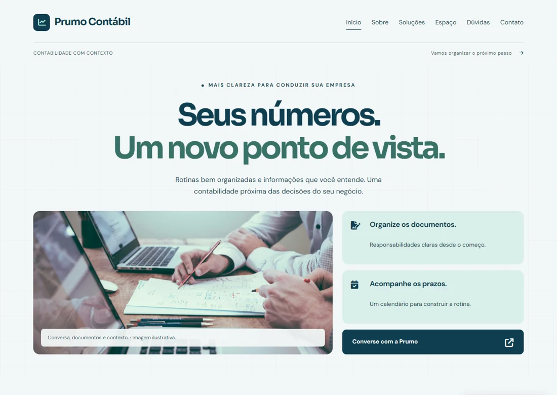 Prévia real da página inicial de Prumo Contábil