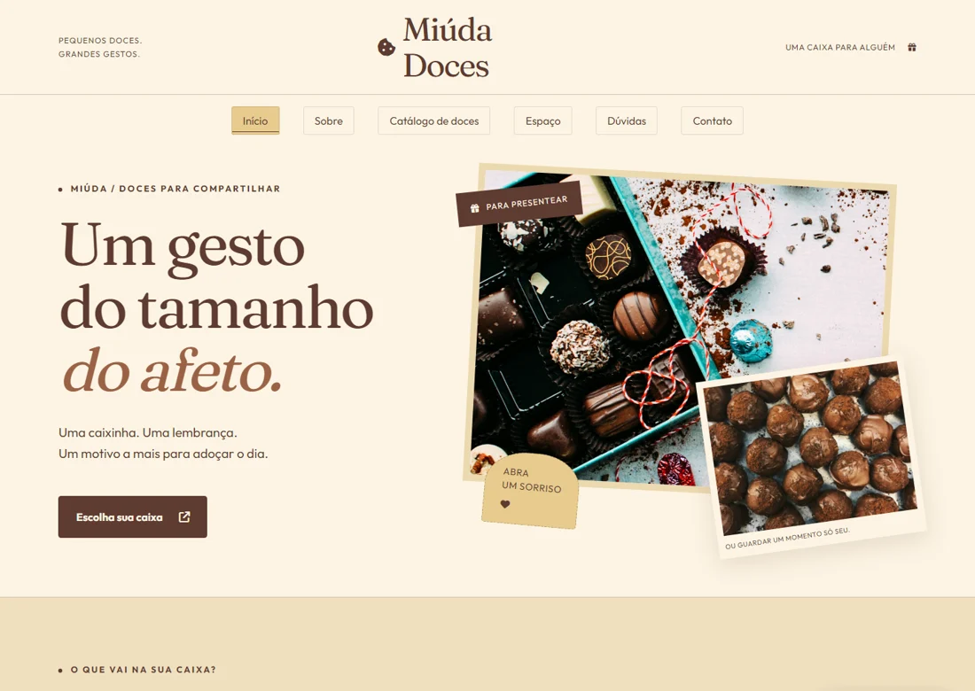 Prévia real da página inicial de Miúda Doces