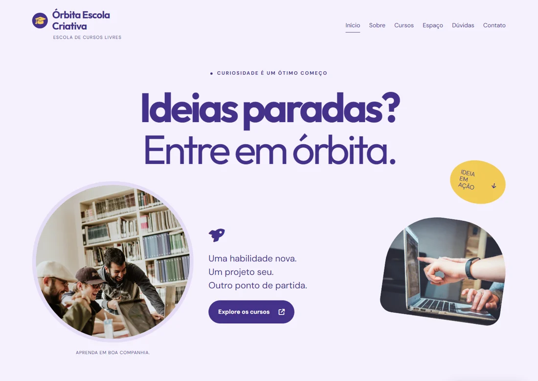 Prévia real da página inicial de Órbita Escola Criativa