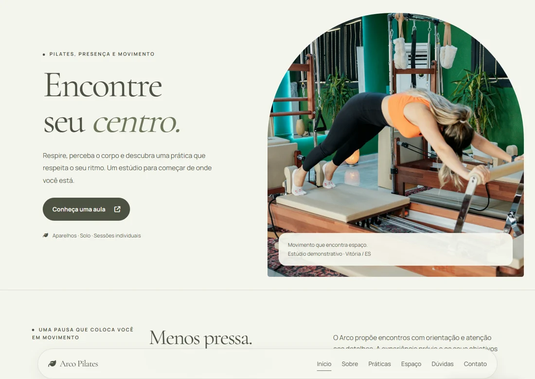 Prévia real da página inicial de Arco Pilates