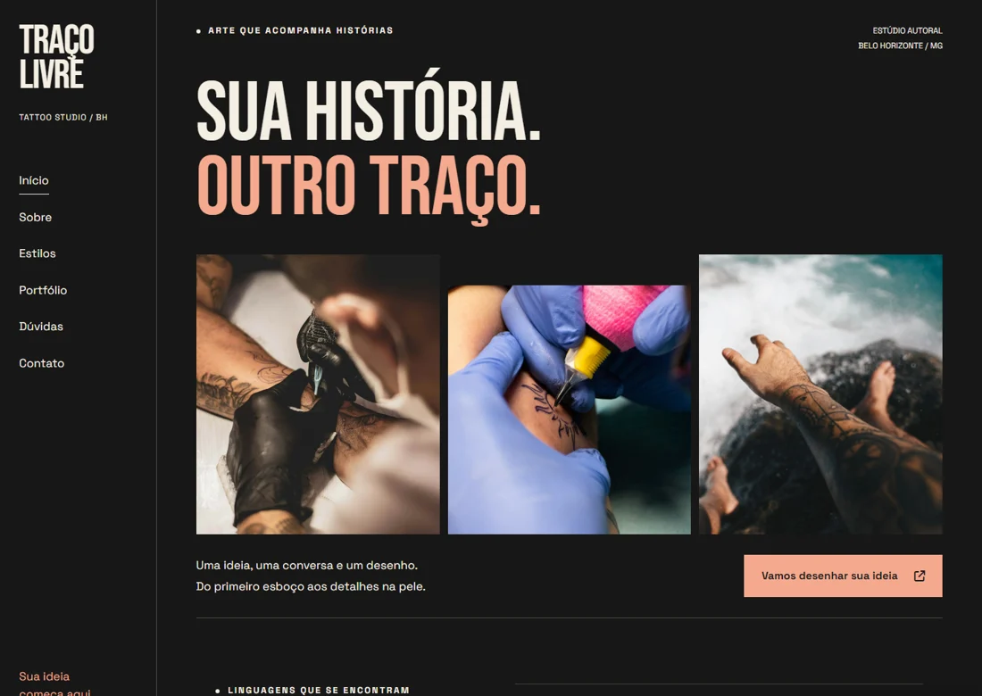 Prévia real da página inicial de Traço Livre Tattoo