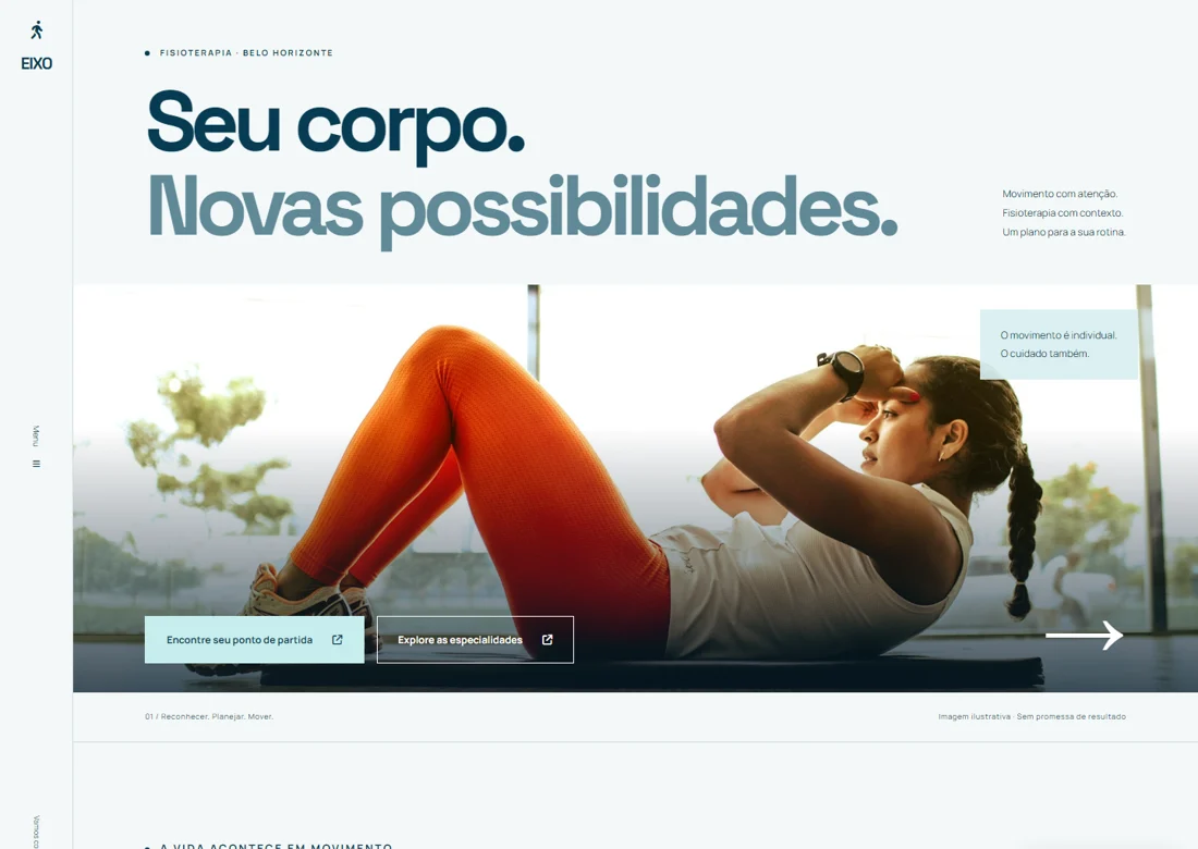 Prévia real da página inicial de Eixo Movimento