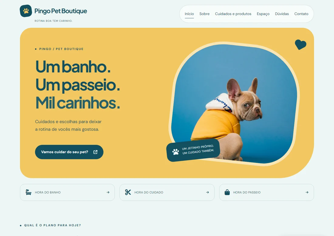 Prévia real da página inicial de Pingo Pet Boutique