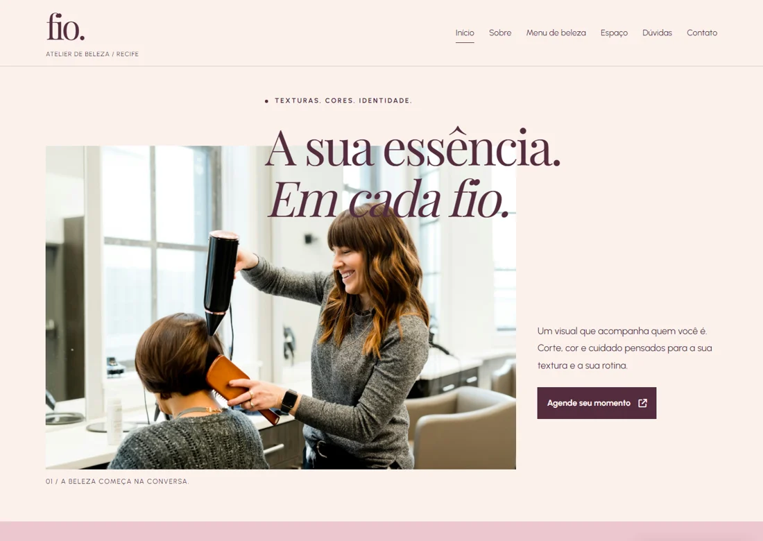 Prévia real da página inicial de Fio Atelier