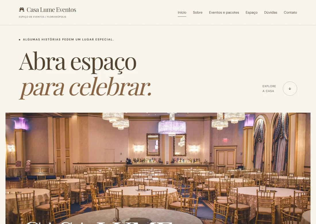 Prévia real da página inicial de Casa Lume Eventos